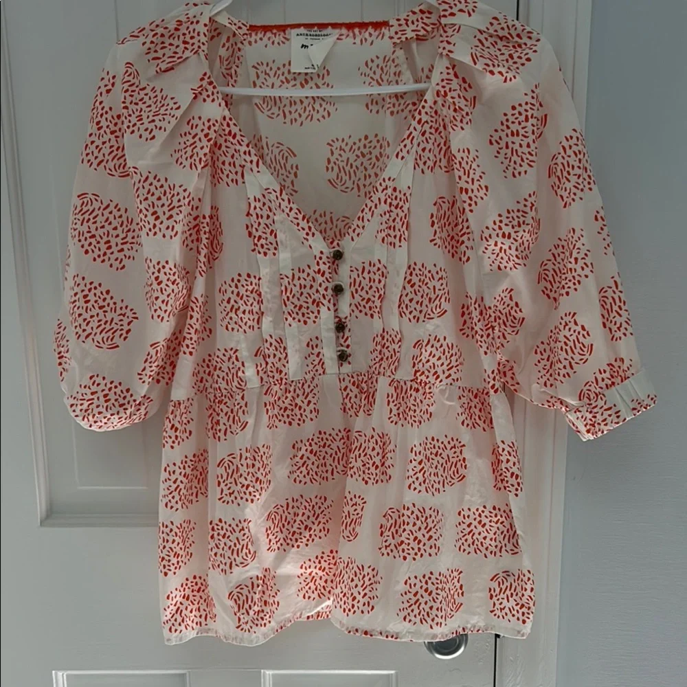 Anthropologie Orange and White Puff Sleeve Blouse with Ruffled Details